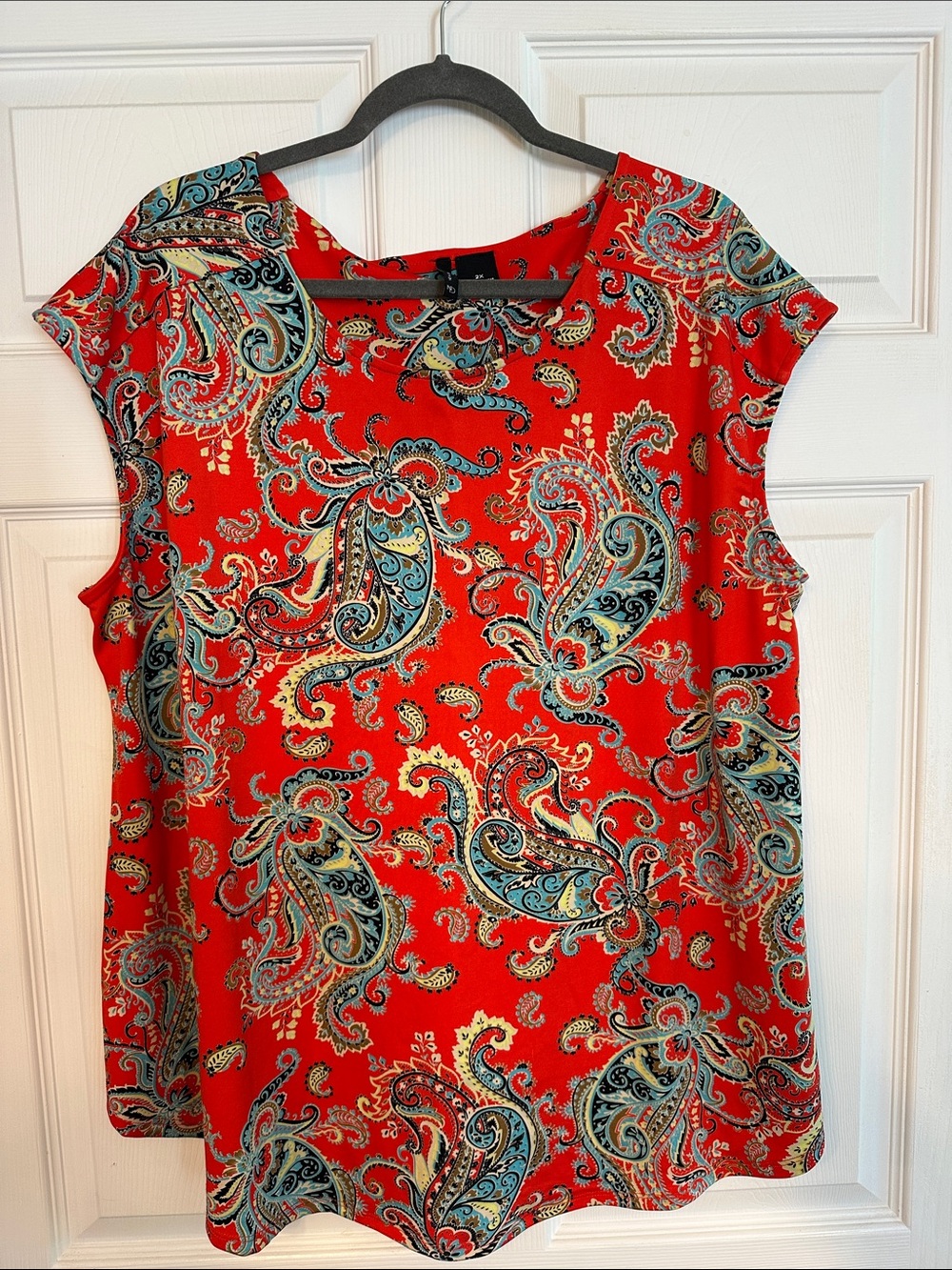 new directions Red Paisley Cap-Sleeve Top with Blue and Cream Accents